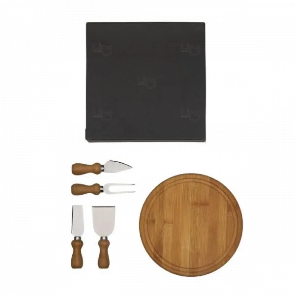 kit Queijo Em Bambu / Madeira / Inox 5 Pçs - Personalizado Inox