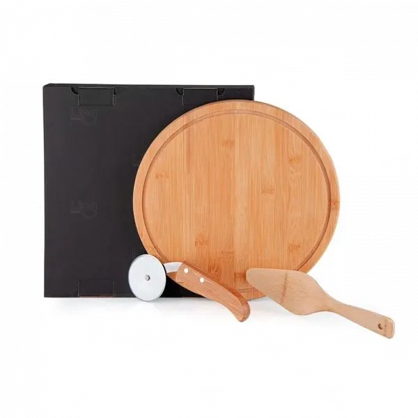 Kit Personalizado Para Pizza Em Bambu Napoli 30 Cm - 3 Pçs Preto