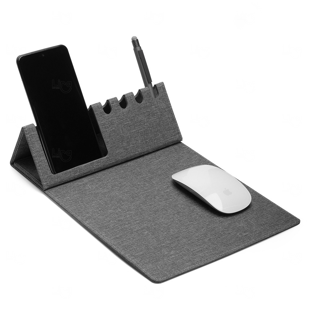 Mouse Pad com Suporte Celular e Canetas Personalizado Cinza